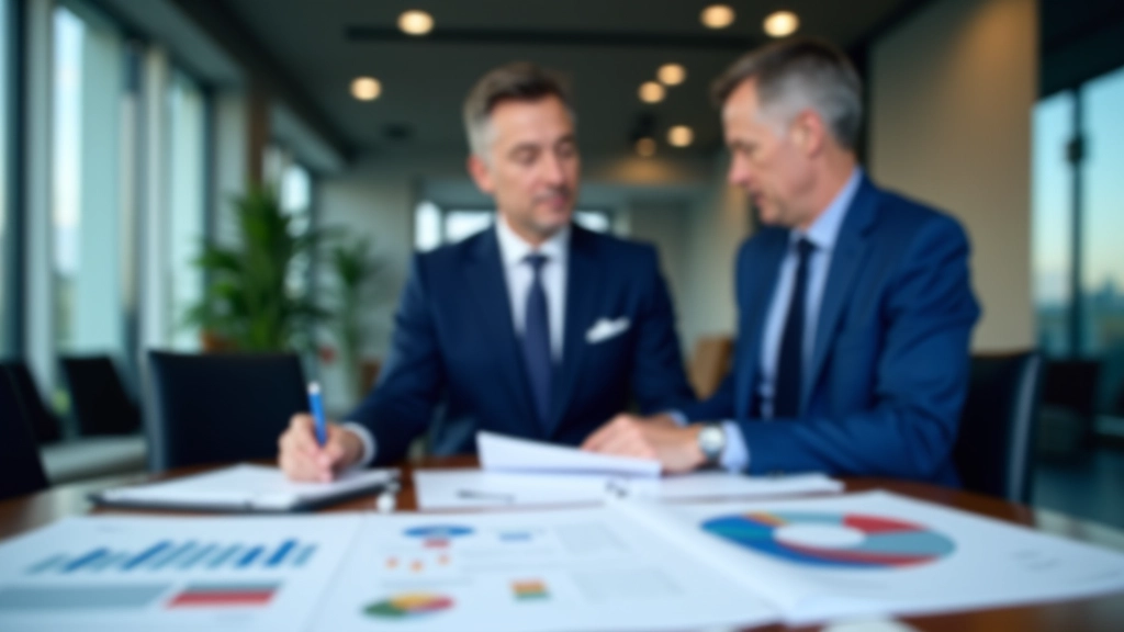 Business professionals in meeting room discussing deal structure with charts on table