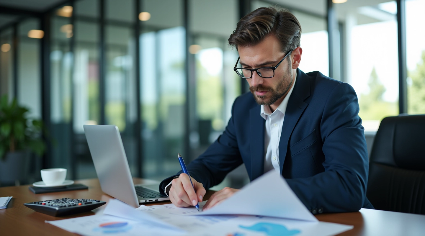Financial analyst reviewing valuation spreadsheets and charts at desk with calculator